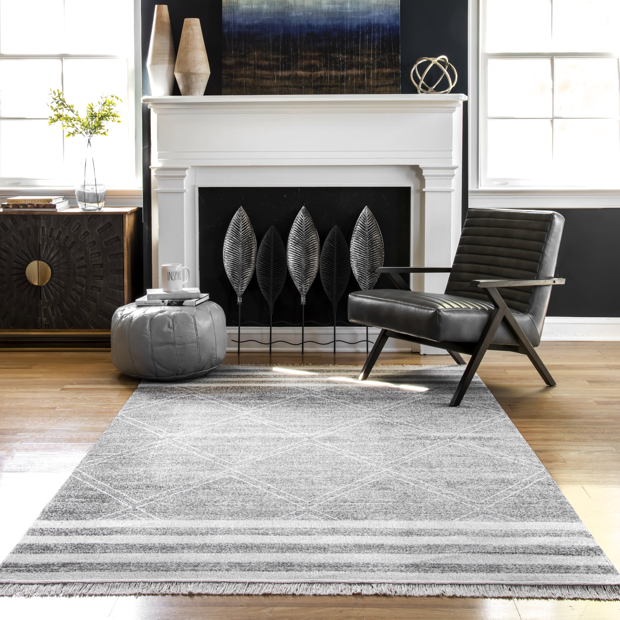 Diamonds and Stripes Fringe Indoor Outdoor Area Rug - Soft Non-Slip Grey Bohemian Decor for Living Room, Bedroom, Patio