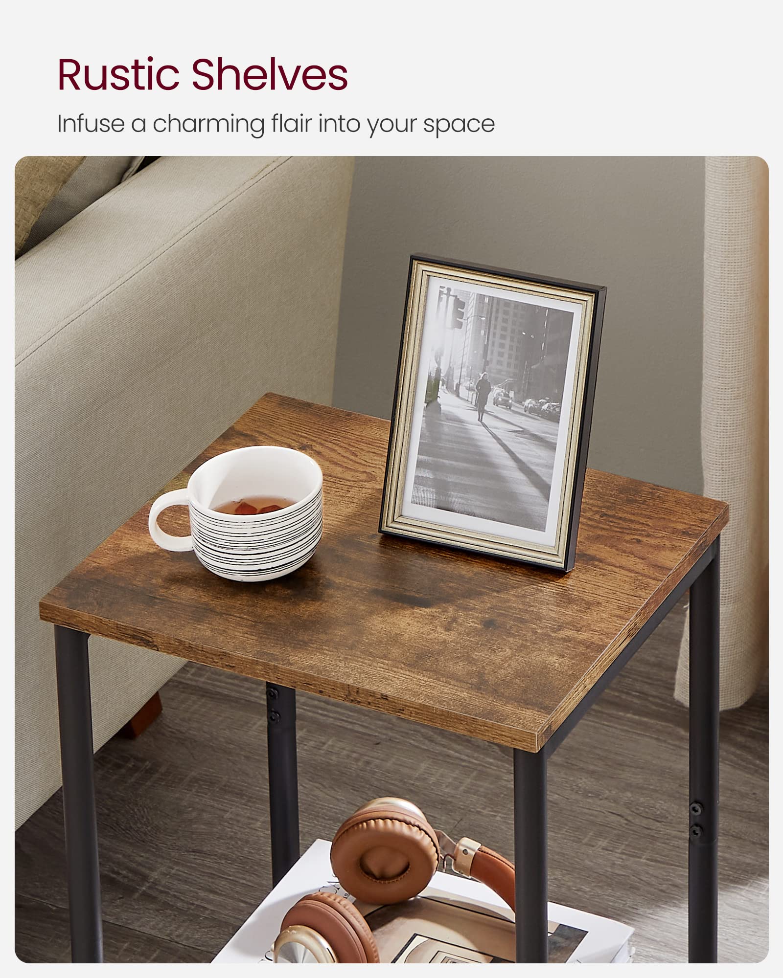 VASAGLE 2-Piece Side Table Set, Small End Table & Nightstand for Living Room, Bedroom, Office, Bathroom - Rustic Brown & Black ULET272B01 | Perfect for Coffee Table, Sofa Side Table, Bedside Nightstand & Bathroom Storage