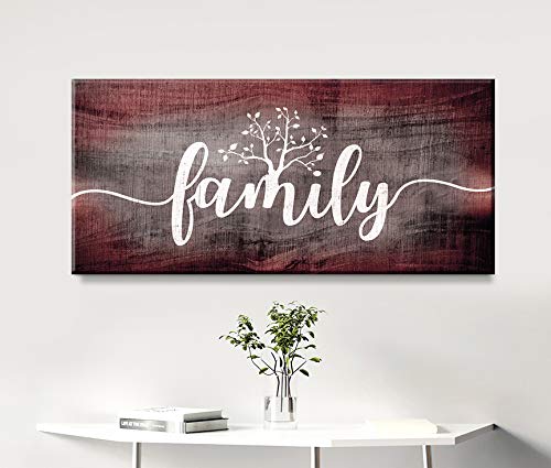 Farmhouse Family Word Sign Wall Art - Large 60 x 27 Inch Ready to Hang Living Room Decor - Rustic Country Wall Hanging for Home, Bedroom & Entryway (Wine Red)
