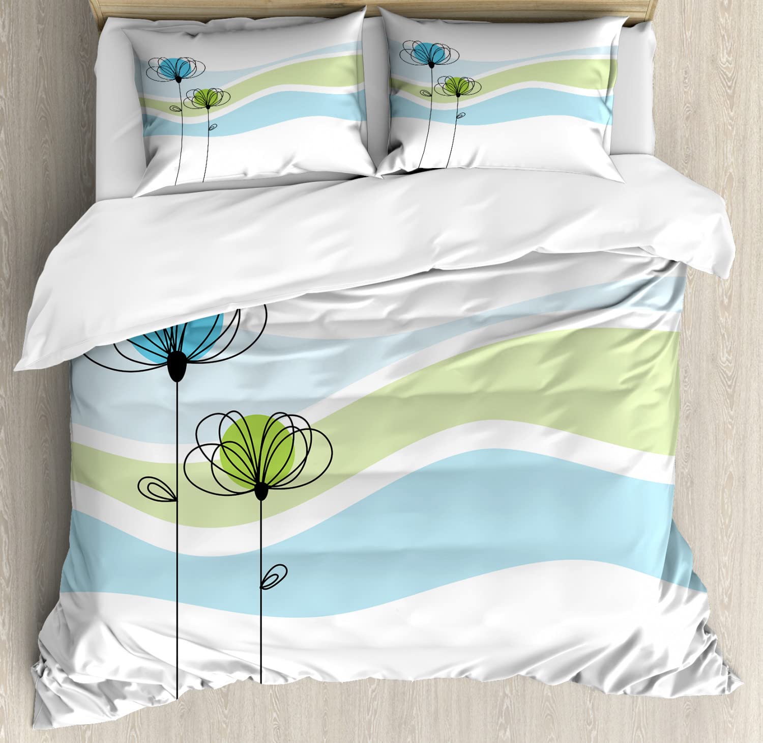 Ambesonne Floral Duvet Cover Set - Queen Size 2-Pack with 2 Duvet Covers & 4 Pillowcases | Summer Flower Pattern with Colorful Wave Background in Apple Green Aqua | Soft Bedding Set for Master Bedroom, Guest Room & Vacation Homes