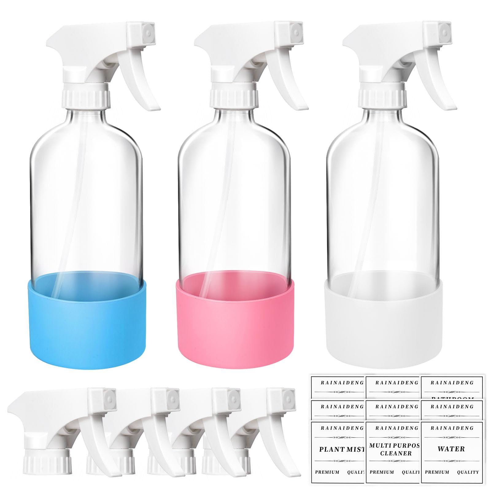 3 Pack 16 oz Glass Spray Bottles with Silicone Sleeve - Refillable Reusable Bottles with Adjustable Nozzle for Hair Care, Cleaning Solutions, Essential Oils & DIY Beauty Products - Perfect for Home, Salon & Travel Use