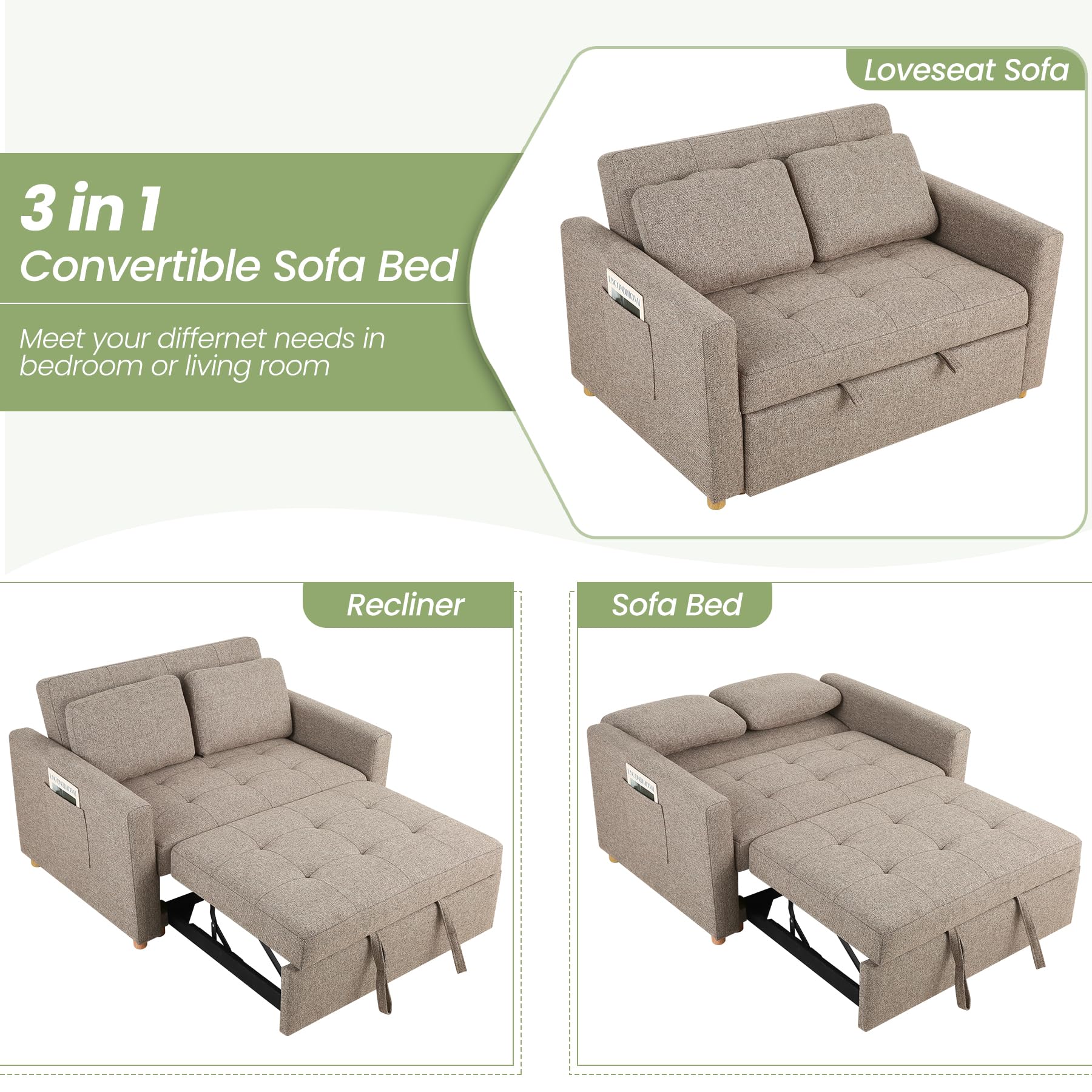 SEJOV 3-in-1 Convertible Sofa Bed with Linen Fabric - Pull Out Sleeper Couch, 49
