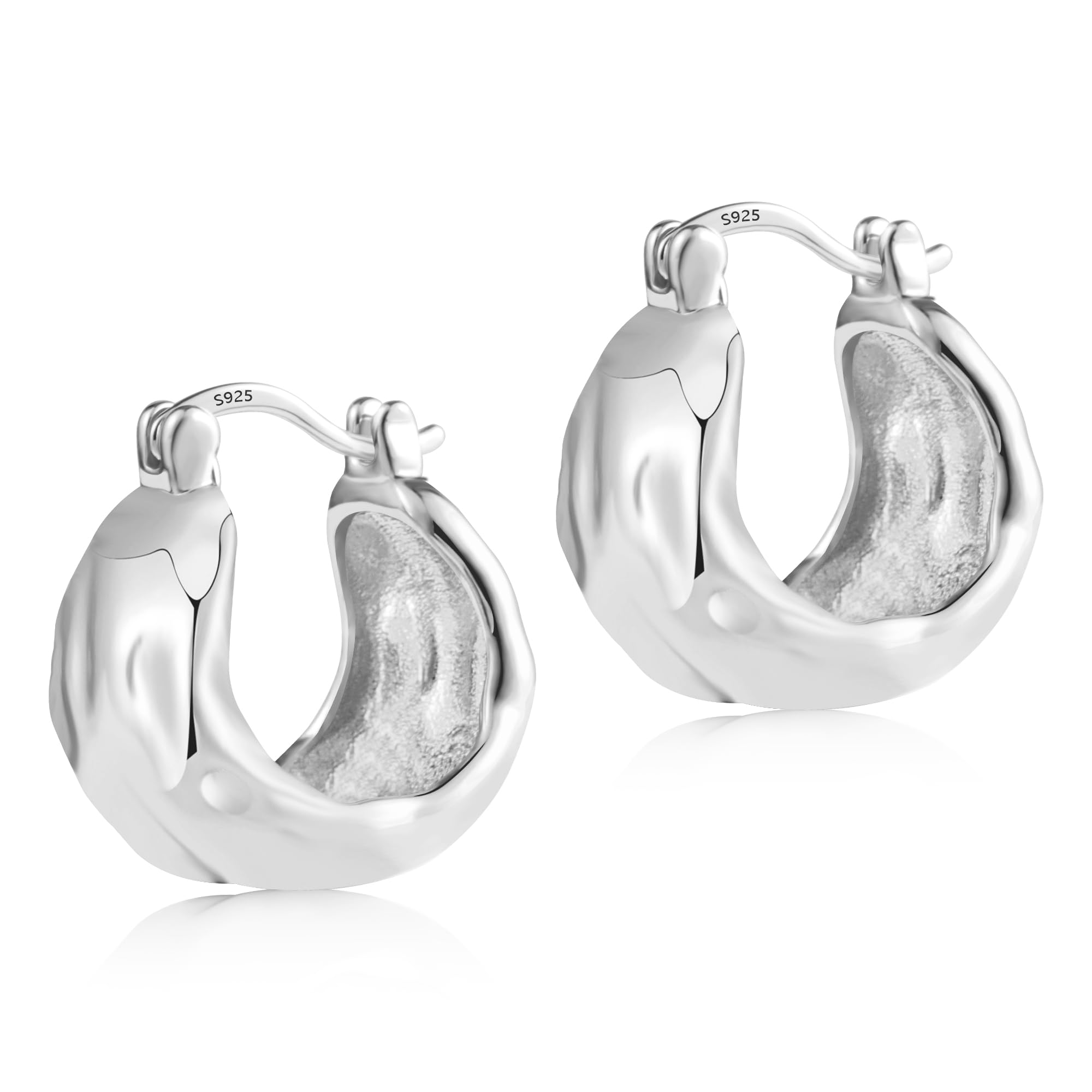 925 Sterling Silver Hammered Chunky Hoop Earrings for Women | Hypoallergenic Thick Hoop Earrings | Wide Hoop Earrings for Everyday Wear & Special Occasions