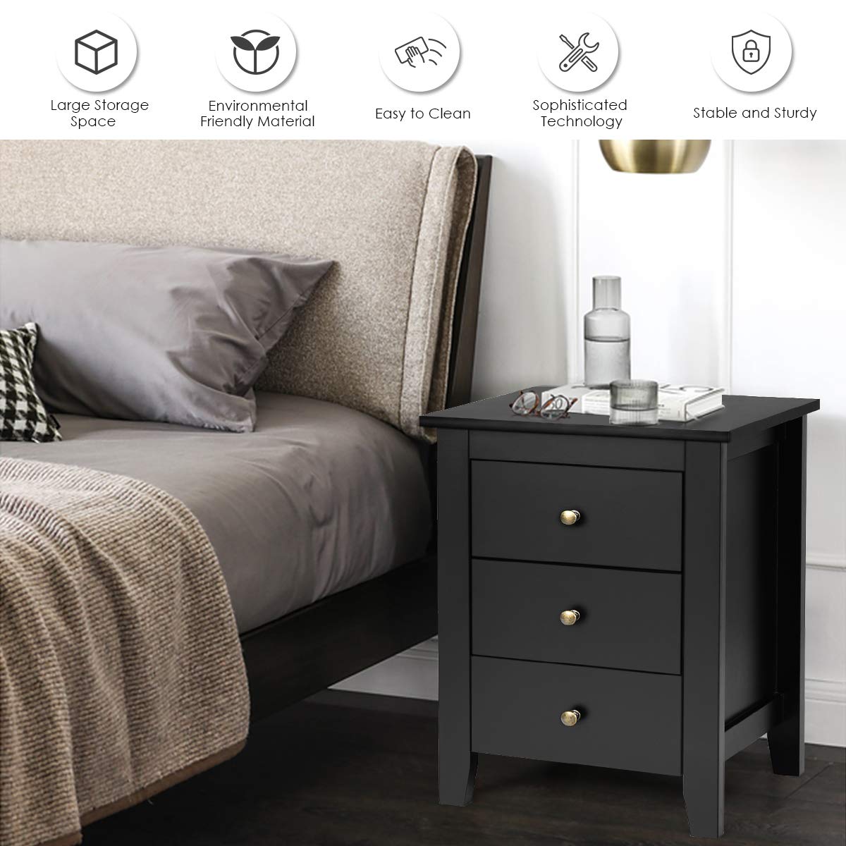Giantex 2-Pack Nightstand Set with 3 Drawers - Solid Wood Legs Bedside Table, Storage Cabinet for Small Spaces - Perfect for Bedroom, Living Room & Apartment (Black)