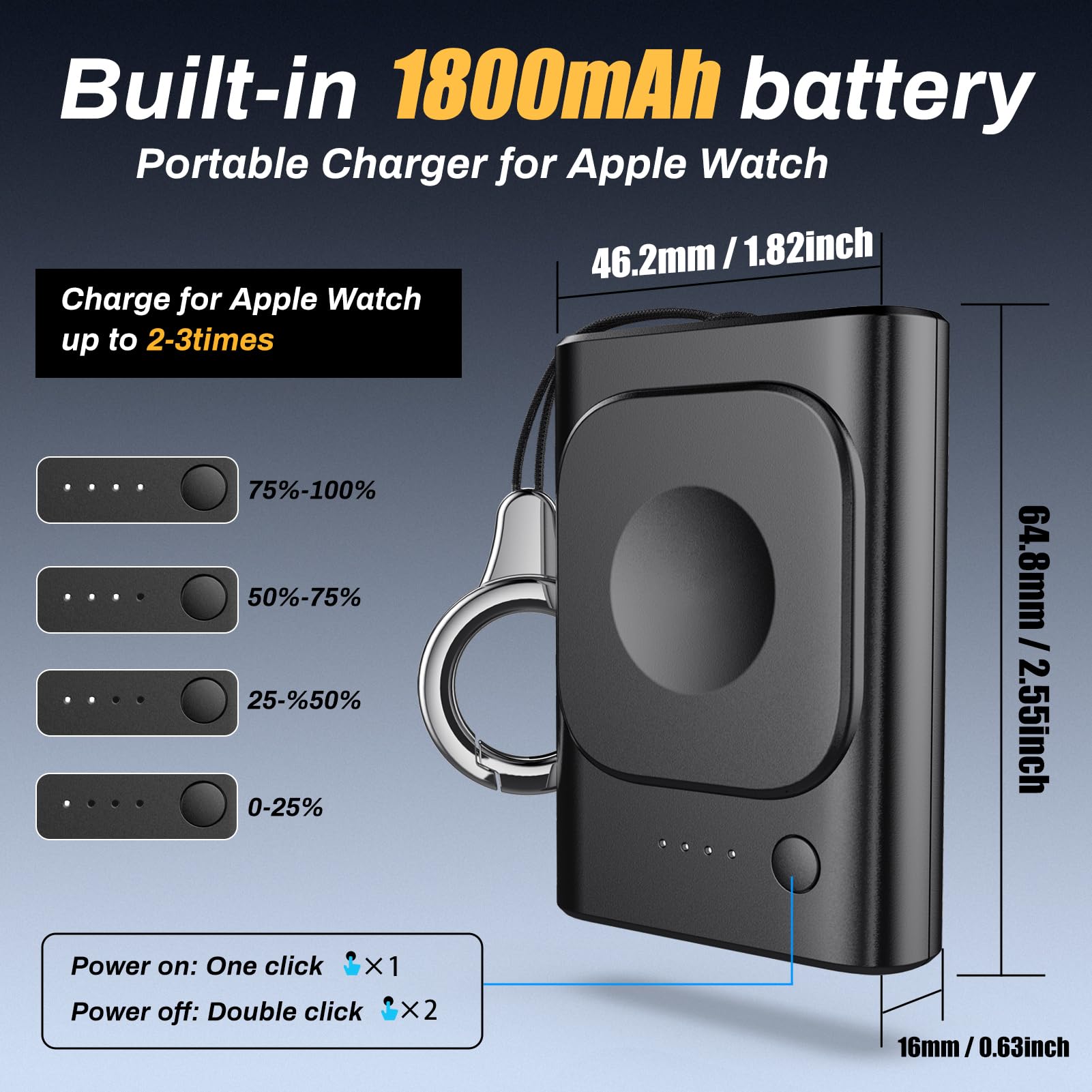 Portable Magnetic Wireless Charger for Apple Watch Ultra 2/9/Ultra/8/7/6/SE/5 - 1800mAh Travel Power Bank with Keychain | Perfect for Gym, Travel & Everyday Use
