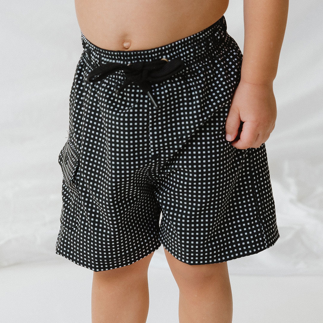 Black Checkers Jr. Swim Trunks for Boys - Quick Dry Swim Shorts with Fun Checkerboard Pattern - Perfect for Pool, Beach & Summer Water Activities