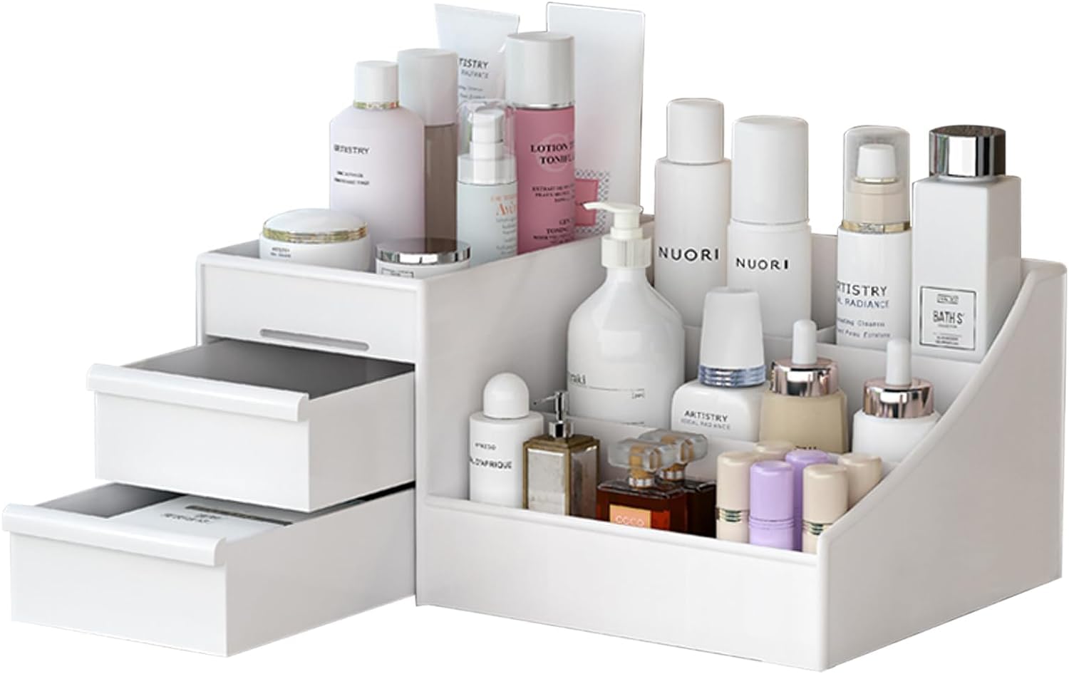 INOVERA 3-Tier Makeup Organizer with Drawers | White Cosmetic Storage Case for Countertop | Vanity Organizer for Lipstick, Brushes & Skincare | Perfect for Bedroom, Bathroom & Dressing Table
