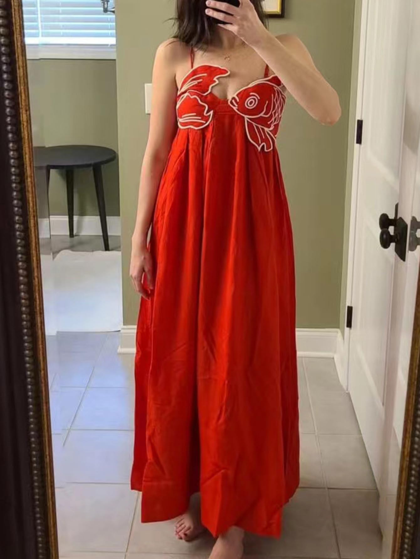 Elegant Koi Fish Print Spaghetti Strap Maxi Dress - Flowy Cami Summer Dress for Women in Vibrant Red | Perfect for Beach Vacations, Y2K Fashion, and Summer Parties