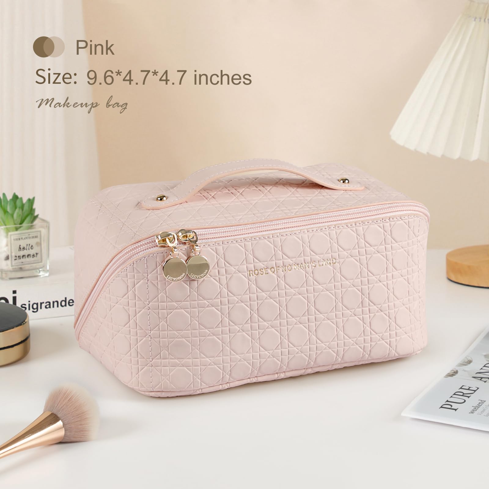 Large Capacity Waterproof PU Leather Travel Makeup Bag for Women - Portable Cosmetic Organizer with Dividers, Pink | Perfect for Vacation, Gym & Daily Use