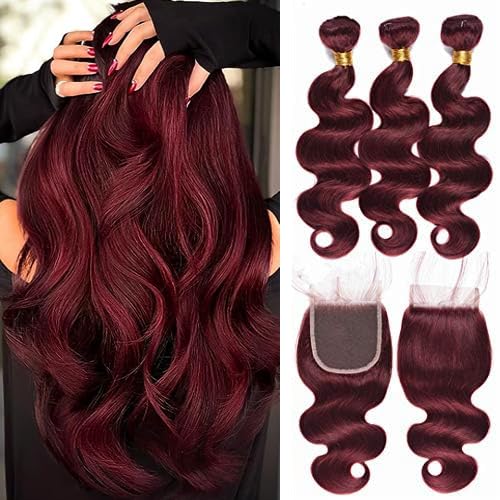 99J Wine Red Brazilian Virgin Human Hair Weaves - 4X4 Lace Closure & 3 Bundles (16 18 20 with 16C) | Mink Burgundy Body Wave Pre-Plucked Hairline with Baby Hair | Perfect for Protective Styles, Wig Making & Everyday Glam