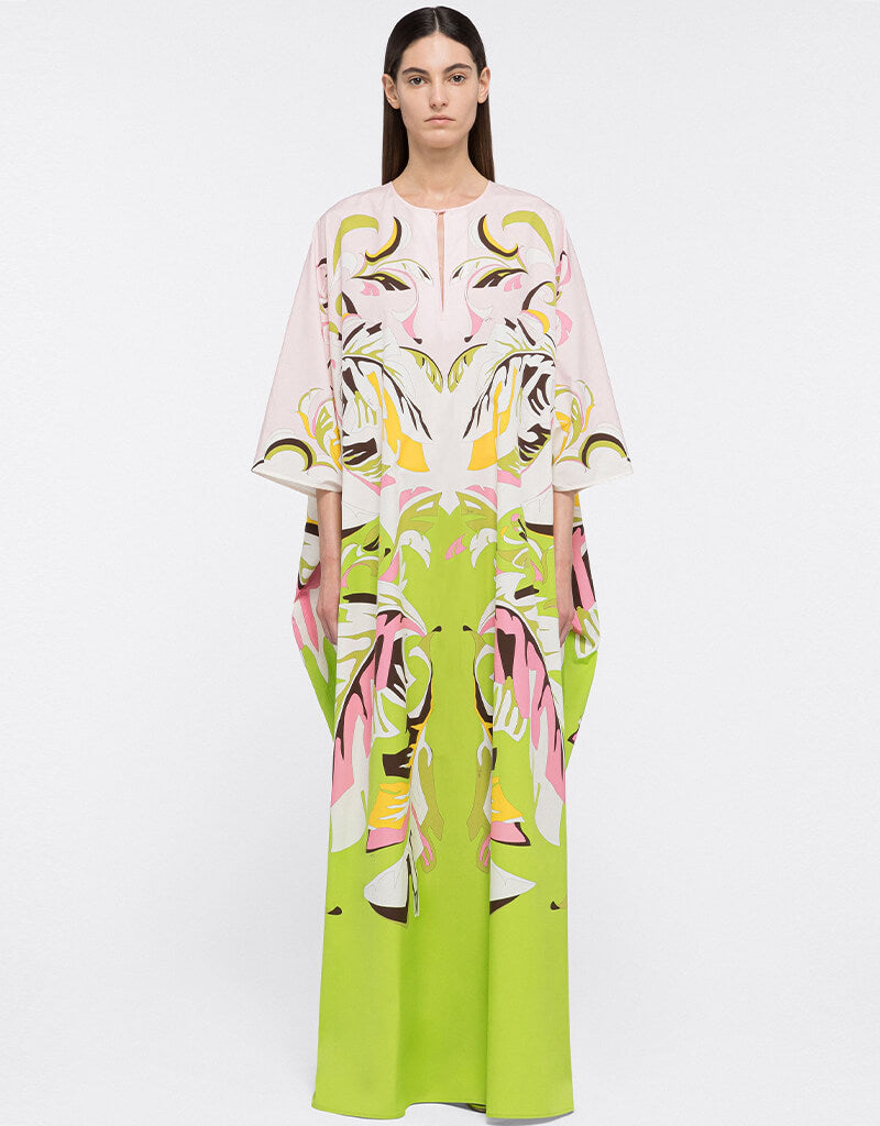 Luxury Beige & Green Crepe Kaftan Dress - Elegant Flowy Maxi Kaftan for Women - Perfect for Beach Cover Up, Resort Wear & Summer Vacation Outfits
