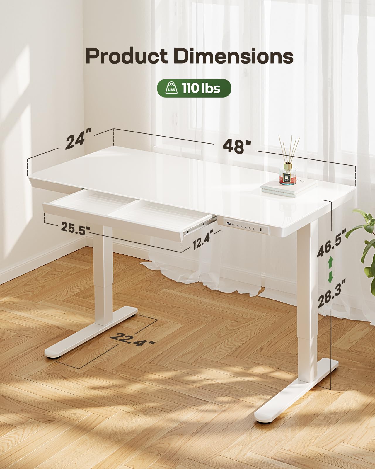 Marsail 48 x 24 Inch Electric Height Adjustable Standing Desk with Drawer Storage, USB Charging Ports & One-Piece Tabletop - White | Ergonomic Sit Stand Desk for Home Office, Gaming & Workspace