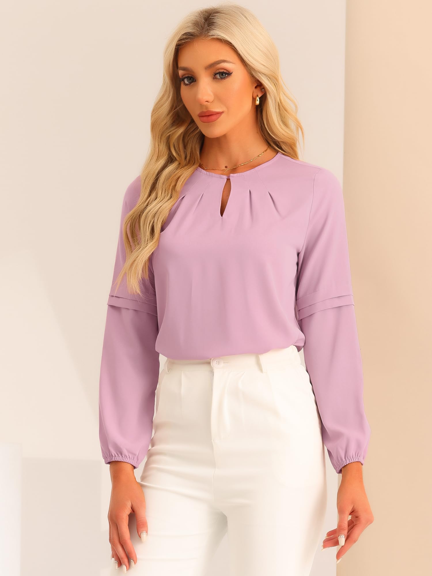Allegra K Women's Elegant Chiffon Blouse - Long Sleeve Keyhole Neck Work Tops for Office & Business Casual Wear