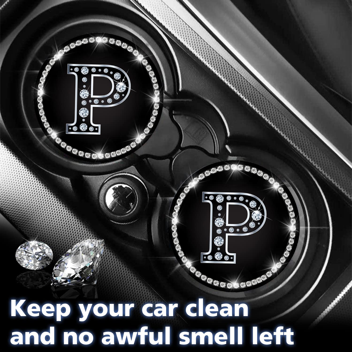 Jupswan A-Z Car Cup Holder Coaster Set of 2 - Letter P Initial Design with Bling Crystal Rhinestones | Silicone Non-Slip Drink Coasters for Cars | Perfect Automotive Accessories Gift for Women & Men | Ideal for Road Trips, Commuting & Daily Use (DZ0730-13)