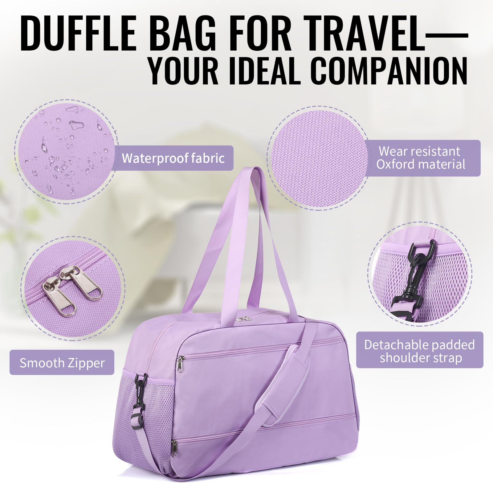 VOOWO 35L Weekender Duffle Bag for Women - Large Travel Duffel with Laptop Compartment, Airplane Carry On & Overnight Bag | Perfect for Weekend Getaways, Business Trips & Gym (Purple)