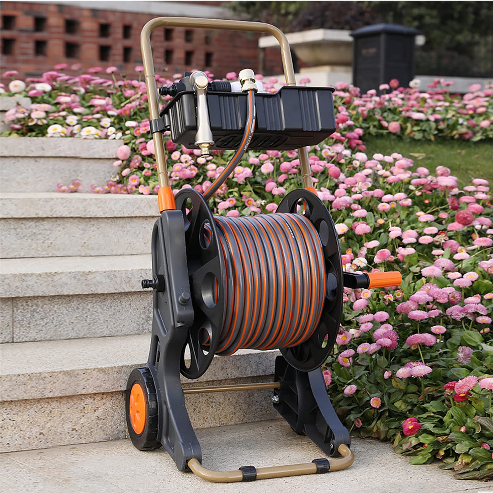 BKWJ 2-Wheeled Garden Hose Cart - Portable Retractable Hose Reel with Handle for 1/2 Inch 200 Ft Water Pipe Storage | Ideal for Lawn Care, Gardening & Outdoor Watering