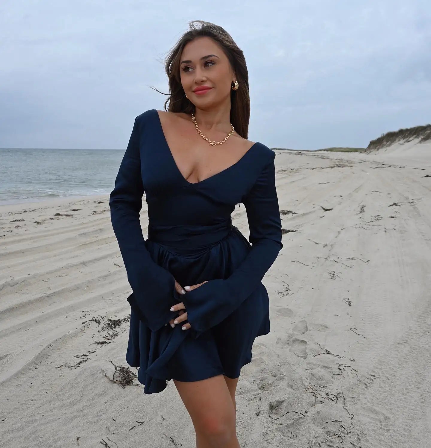 Women's Navy Blue Long Sleeve V-Neck A-Line Mini Dress with Belt | Fall Winter Casual Dress for Work, Date Night & Holiday Parties