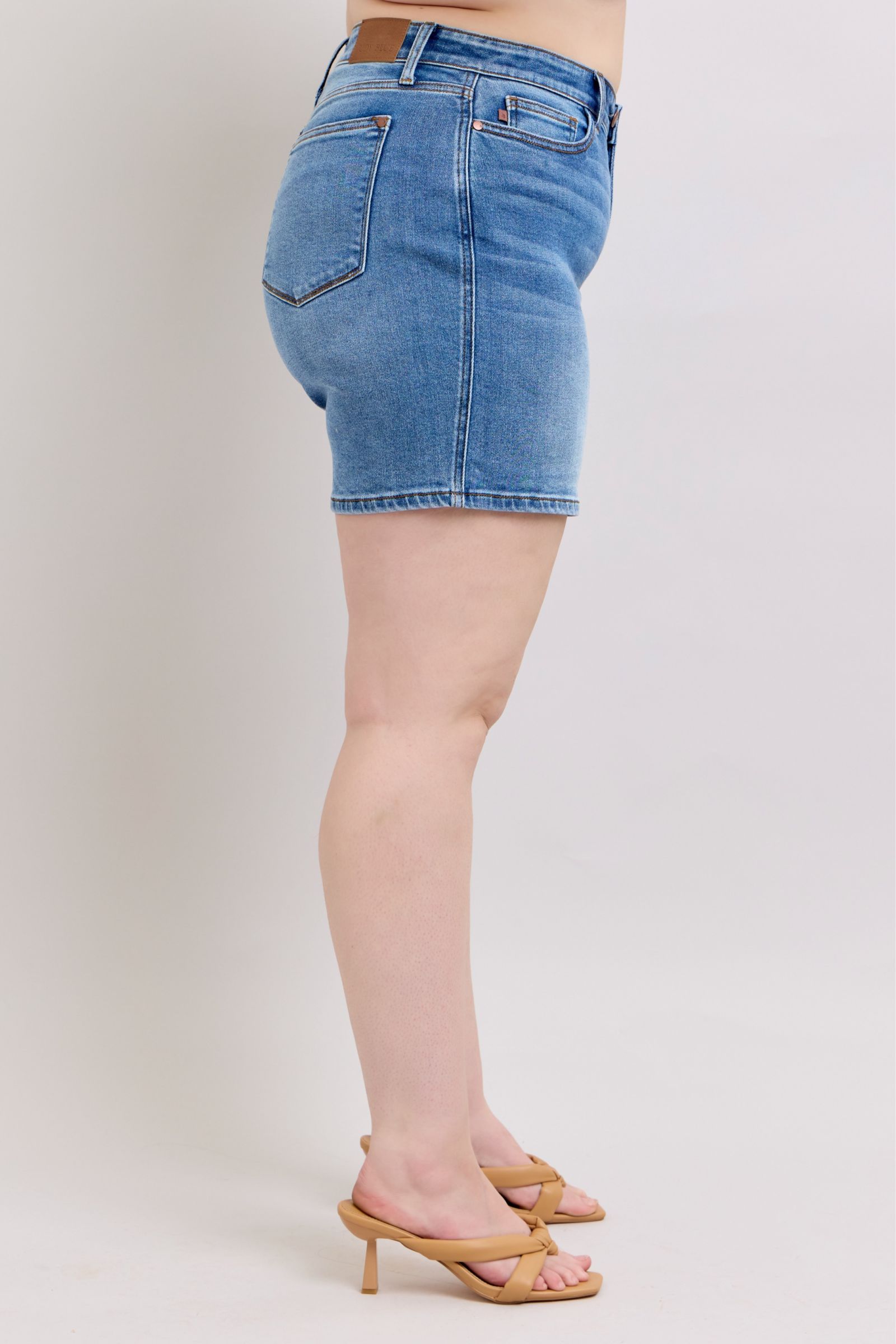 Judy Blue Women's High Waisted 2 Button Denim Shorts with Pockets - Comfortable Stretch Jeans for Summer, Casual Wear & Outfits