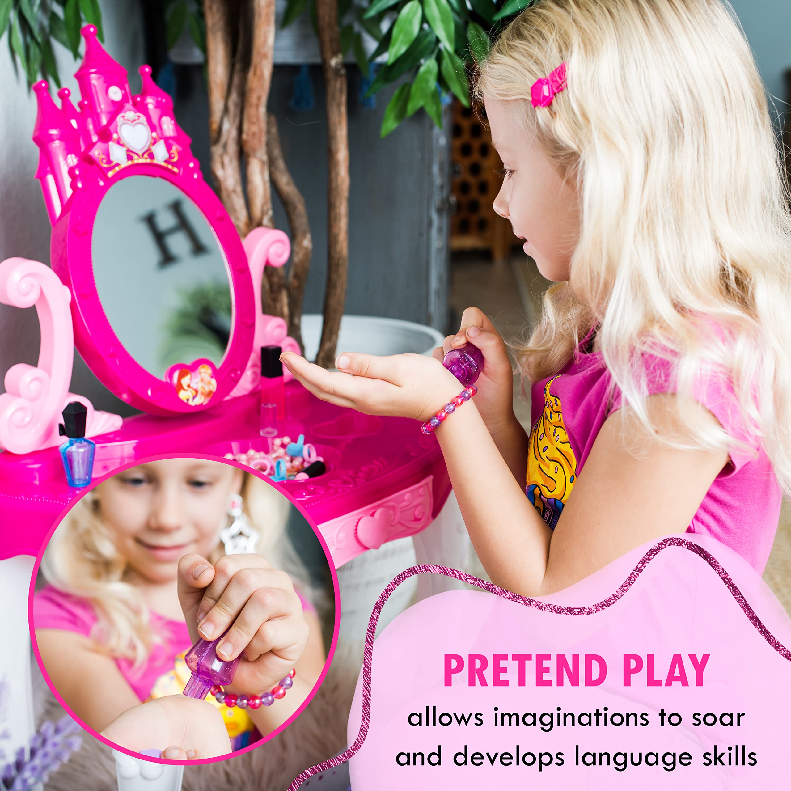 Play Vanity Sets for Girls - Toddler Makeup Vanity Playset with Mirror & Table | Kids Beauty Set with Fashion Accessories | Pretend Play, Birthday Gift & Room Decor