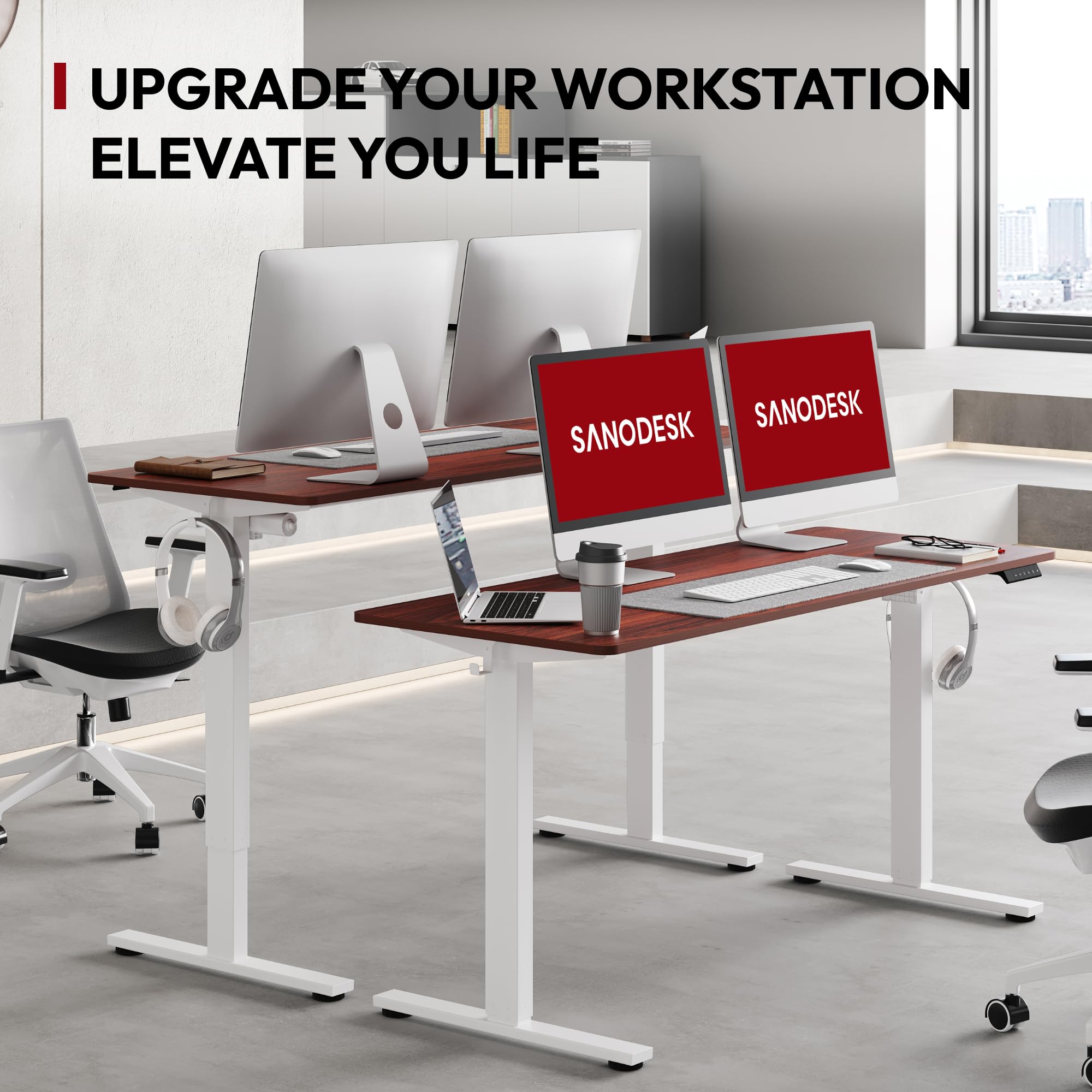 SANODESK 55 x 28 Inches Electric Standing Desk - Height Adjustable Whole-Piece Desktop with 6-Button Controller - Ergonomic Computer Desk for Home Office (White Frame & Mahogany Tabletop) - Perfect for Remote Work, Gaming Setup and Small Workspaces