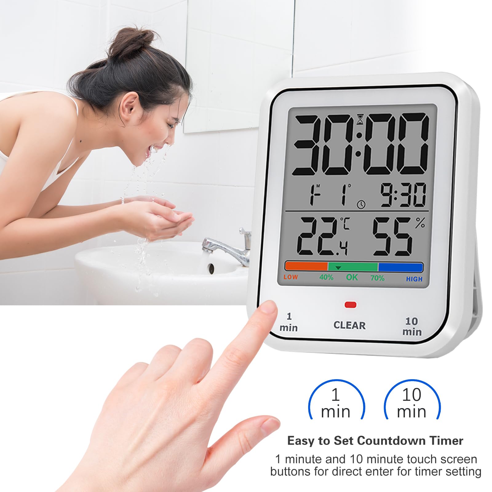 Geevon Digital Bathroom Clock - Waterproof Shower Timer with Large Touch Screen, Battery Operated Wall Clock with Temperature & Humidity Display - Suction Cup/Hanging Hole/Stand (White) - Perfect for Bathroom, Shower, Kitchen, Gym & Home Decor