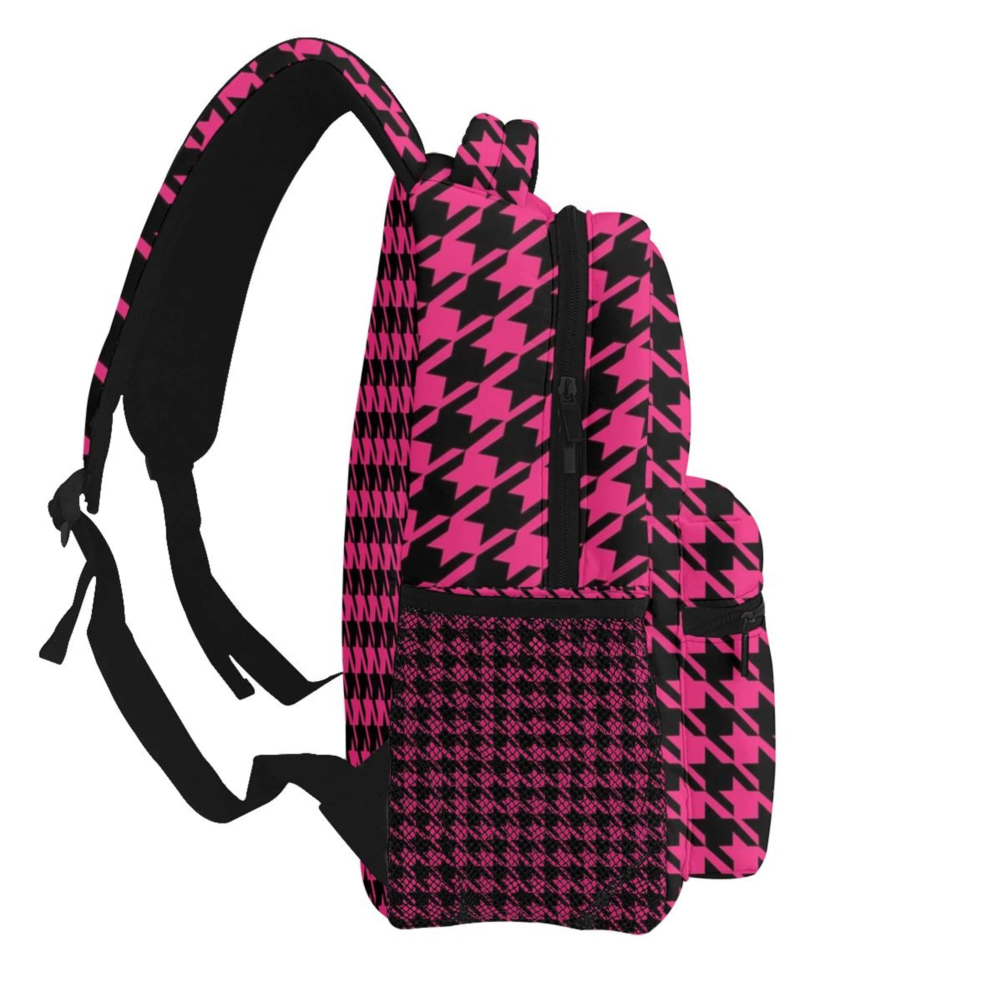Stylish Houndstooth Pink Travel Backpack for Women & Men - Adjustable College Backpack for School, Work & Outdoor Adventures | Perfect for Commuting, Hiking & Daily Use