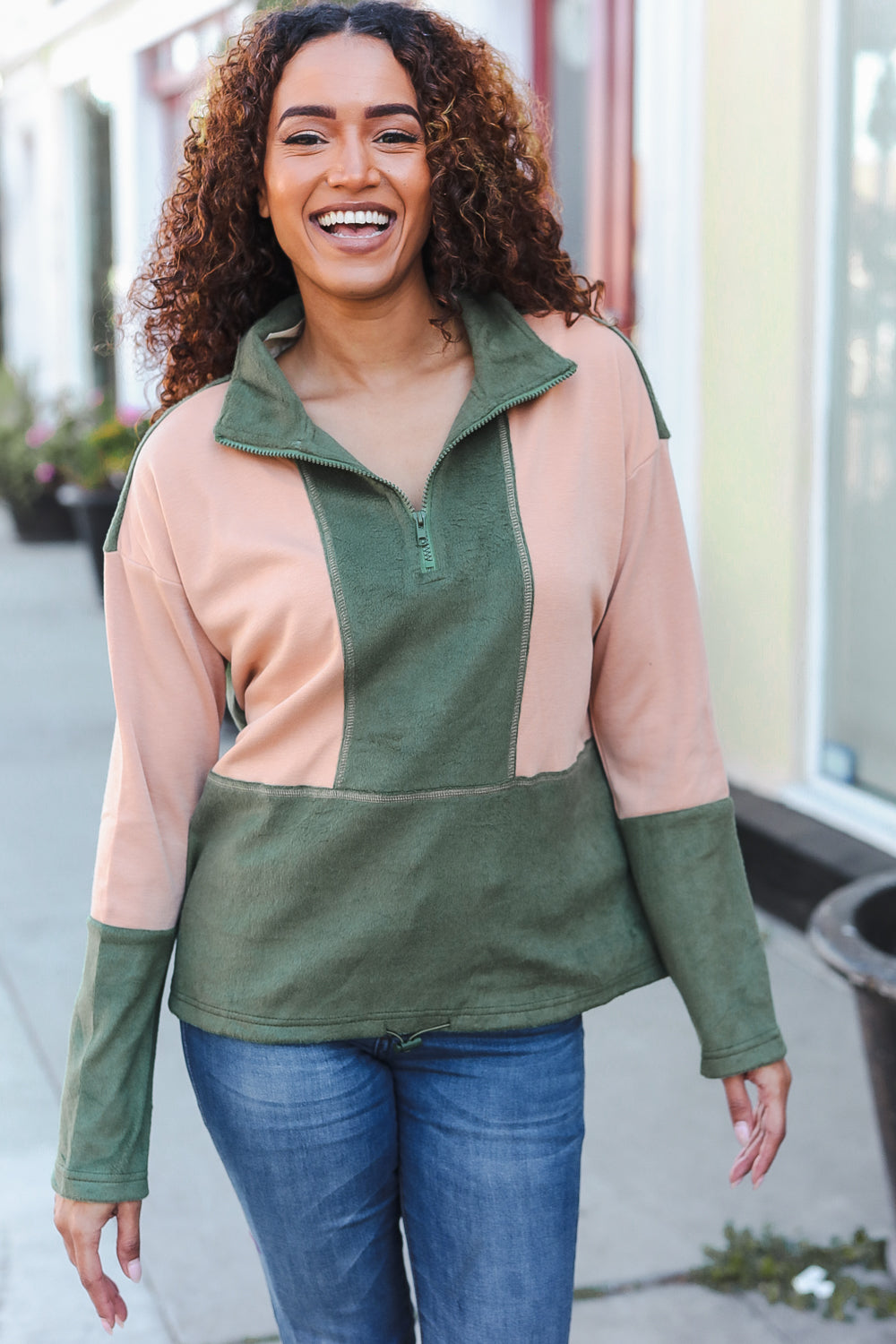 Cozy Holiday Vibes Taupe & Green Fleece Zip-Up Hoodie with Cinched Hem - Perfect for Winter Outfits, Christmas Gifts & Casual Loungewear