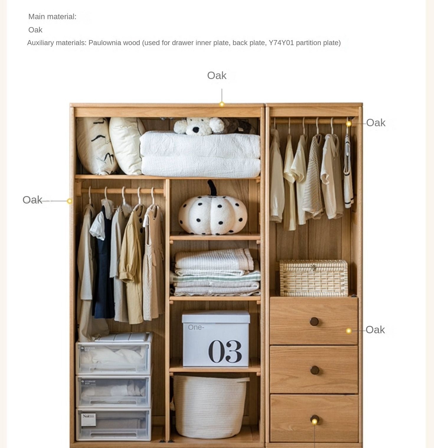 Solid Oak Wood Kids Wardrobe - Durable & Stylish Children's Closet Organizer for Bedroom, Nursery, or Playroom Storage
