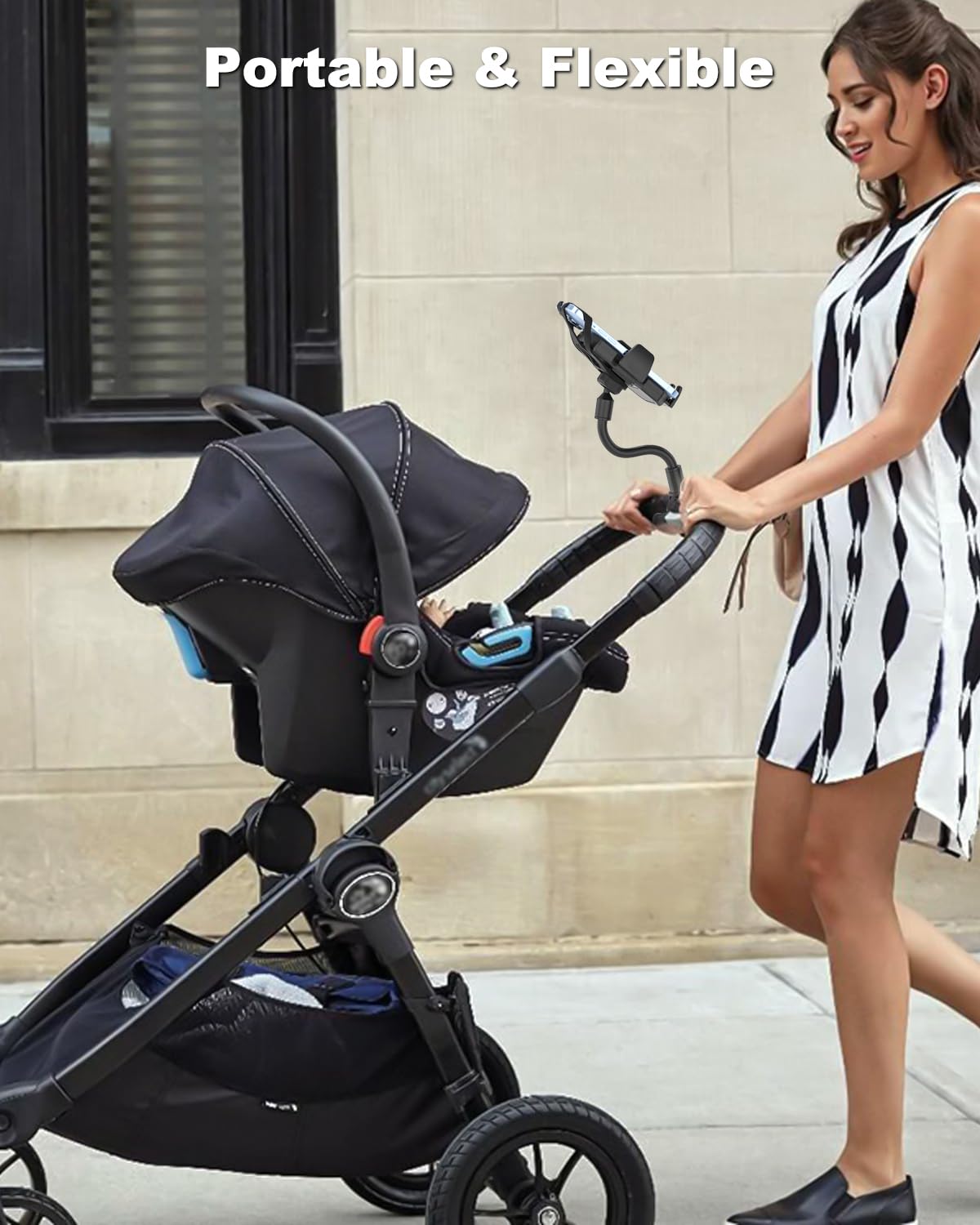Universal Stroller Phone Holder - Adjustable Gooseneck Mount for Baby Strollers & Shopping Carts - One-Hand Operation Handlebar Clamp Compatible with iPhone 15 Pro Max/14/13/12, Galaxy S24 & All 4-7