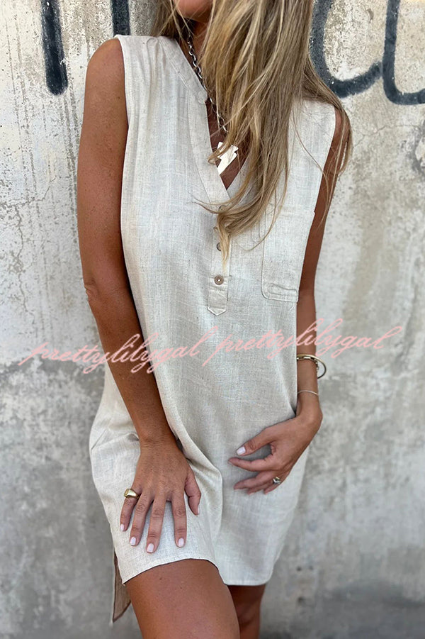 Solid Color Sleeveless V-Neck Casual Pocket Mini Dress for Women - Summer Beach Party, Date Night & Vacation Outfit