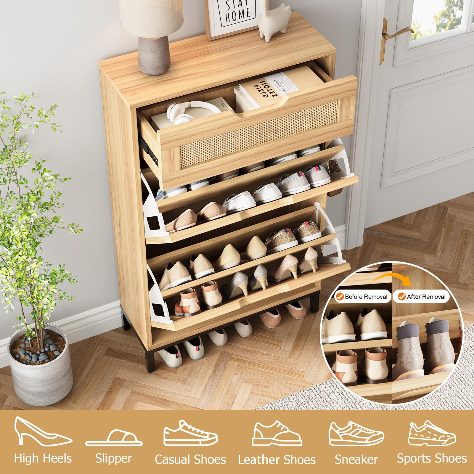 Boho Rattan Shoe Storage Cabinet with 2 Flip Drawers - Narrow Free Standing Wooden Shoe Organizer for Entryway, Hallway & Foyer - Perfect for Small Spaces & Hidden Shoe Storage (Natural Wood)