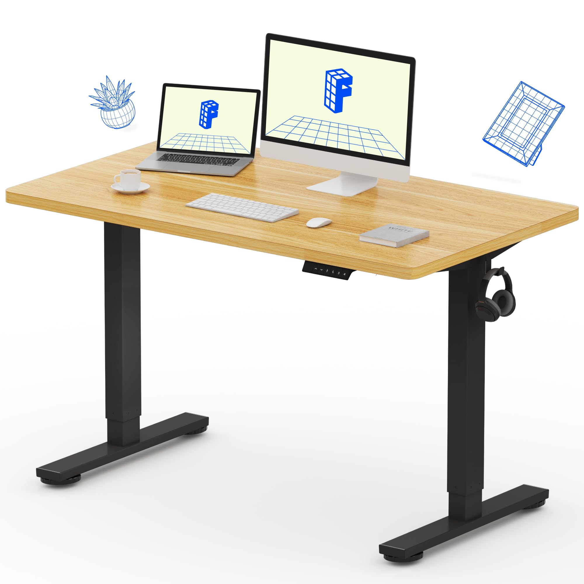FLEXISPOT EN1 Electric Height Adjustable Standing Desk 48 x 24 Inches - Whole-Piece Sit Stand Desk with Black Frame & Maple Top (2 Packages) - Perfect for Home Office, Gaming & Workspace Ergonomics
