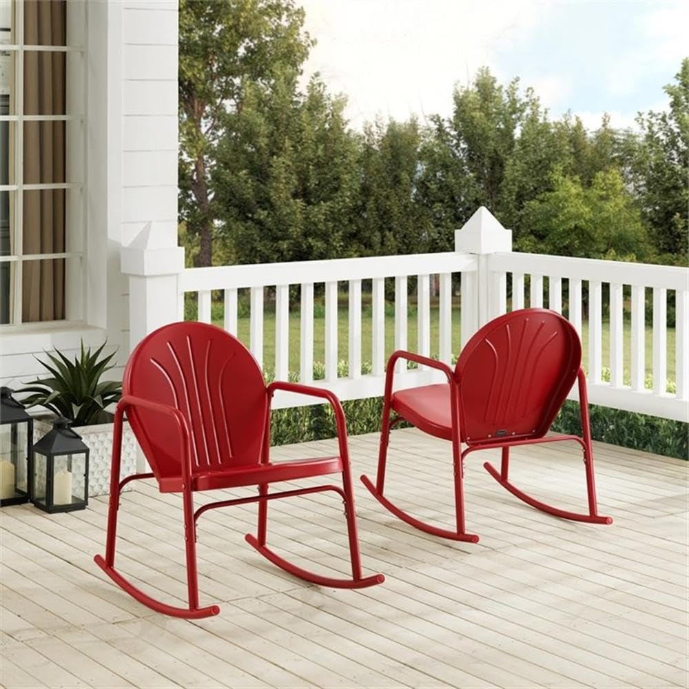 Premium Steel Metal Rocking Chair Set of 2 - Vibrant Glossy Red Finish - Outdoor Patio, Garden, Porch & Living Room Relaxation Furniture
