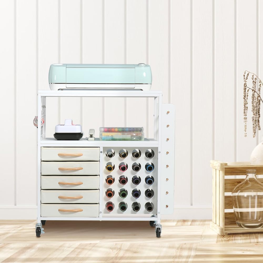 LUCKUP Craft Storage Rolling Cart for Cricut Machines - 28 Vinyl Roll Holders, 5 Drawers & Heat Press Stand - Mobile Craft Organization Cabinet with Hooks - Perfect for DIY Projects, Scrapbooking & Home Craft Room Organization