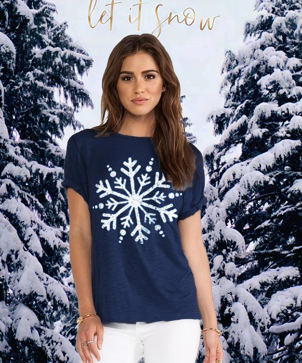 Women's Christmas T-Shirts - Cute Snowflake Graphic Short Sleeve Funny Print Tee for Holiday Parties & Family Gatherings