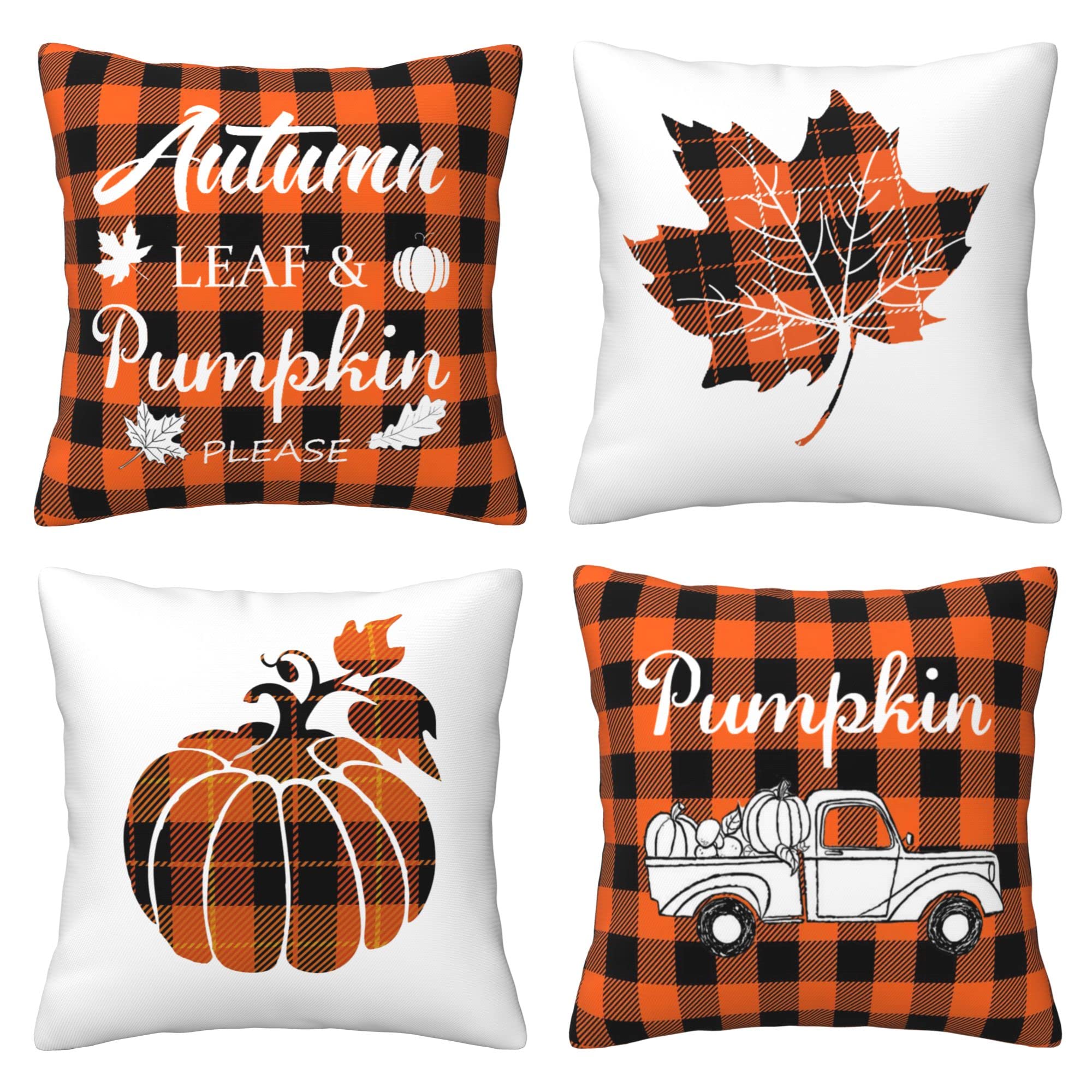 Pumpkin Maple Leaf Truck Harvest Decorative Throw Pillows - Set of 4 Autumn Cotton Linen Pillow Covers 20x20 Inches for Halloween, Thanksgiving & Fall Decor - Perfect for Sofa, Bed, Couch & Farmhouse Style Home - Cozy Seasonal Gift Idea for Family & Friends