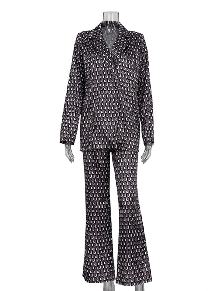 Women's Autumn Winter Office Satin Suit Set - Printed V-Neck Long Sleeve 2 Piece Pants Matching Outfit for Workwear & Professional Attire