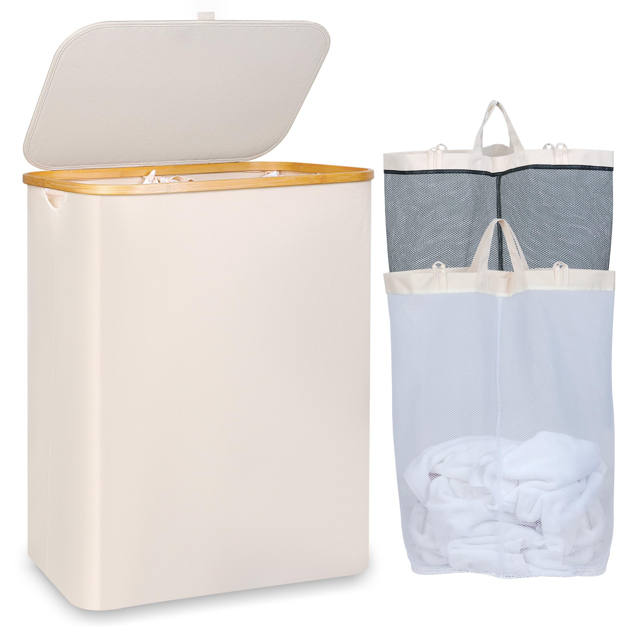 150L Large Laundry Basket with Lid & Bamboo Handle - Collapsible Clothes Hamper Organizer with Removable Inner Bag for Laundry, Toys, Towels Storage - Perfect for Bedroom, Bathroom & Nursery - Beige
