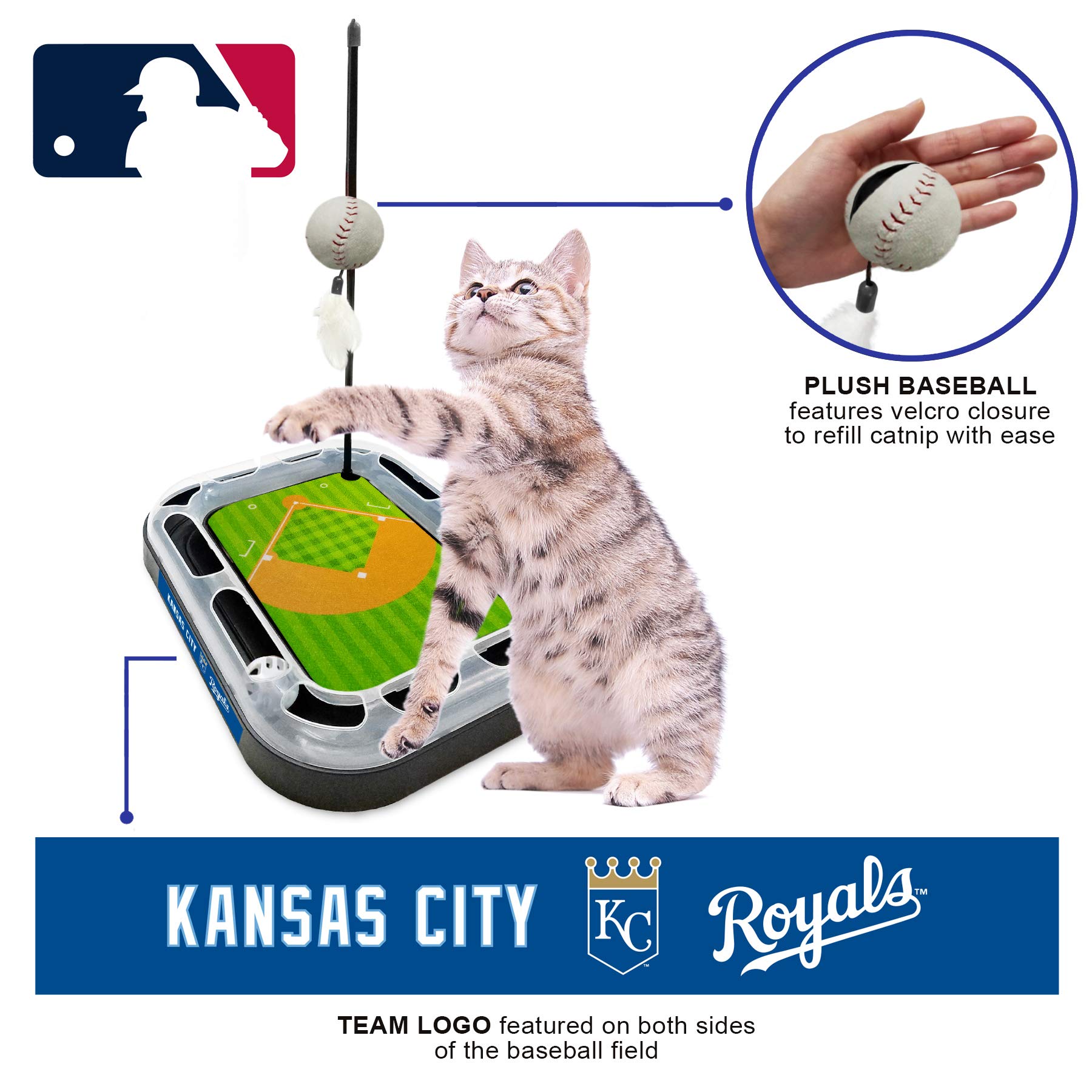 Kansas City Royals Baseball Field Cat Scratcher Toy - 5-in-1 Interactive Cat Toy with Scratching Post, Wand, Catnip Plush Ball, Feathers & Bell - Perfect for Playtime, Exercise & Indoor Entertainment for Cats