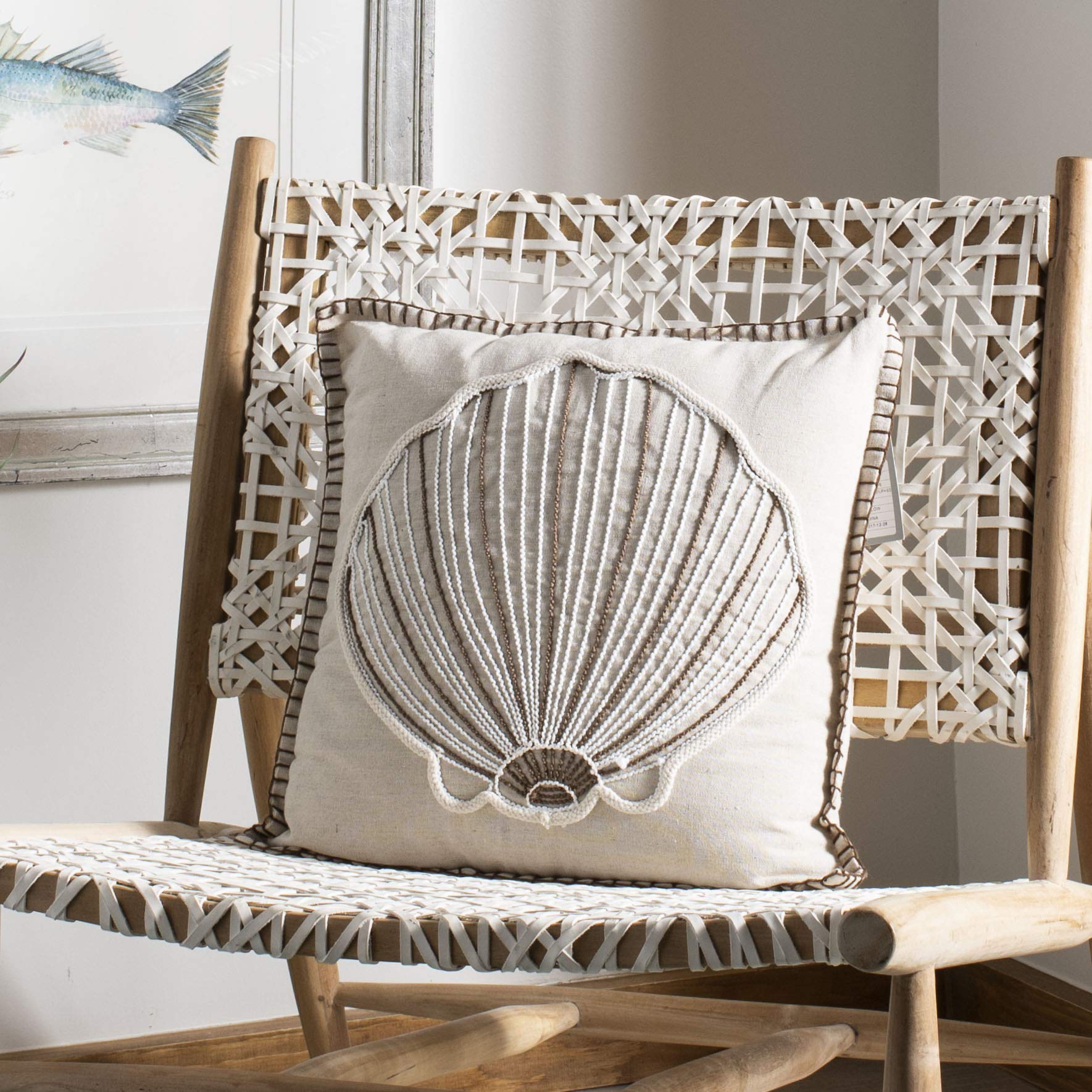 SAFAVIEH Home Della 18-inch Decorative Throw Pillow - Natural Seashell Design, Nautical Coastal Style for Sofa, Bed & Living Room Decor