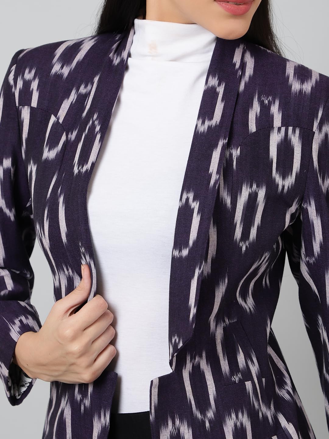Women's Ikat Print Purple Cotton Blazer Jacket - Lightweight Office Wear & Spring Fashion for Business Casual Outfits