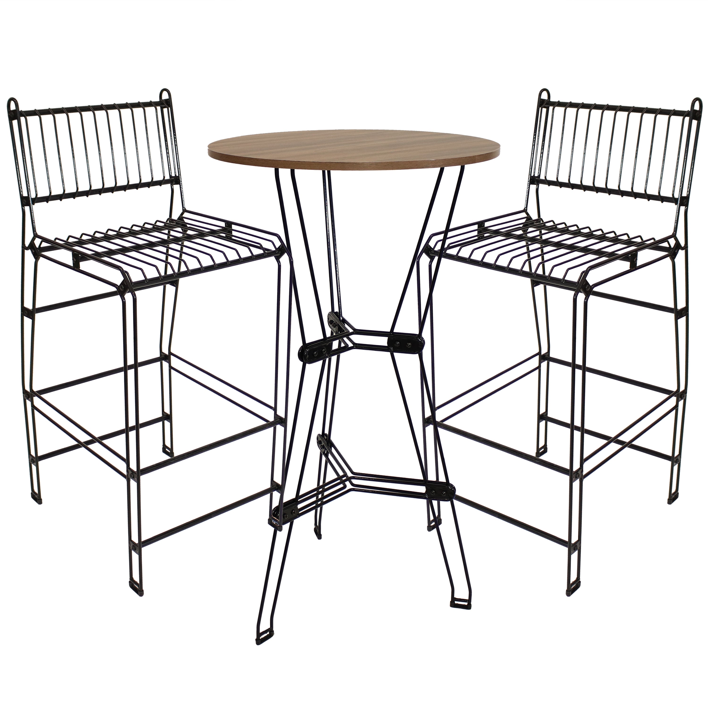 Sunnydaze 3-Piece Outdoor Wire Bar Table and Chairs Set with Faux Woodgrain Top - Patio, Garden, and Poolside Dining Furniture for Backyard and Deck