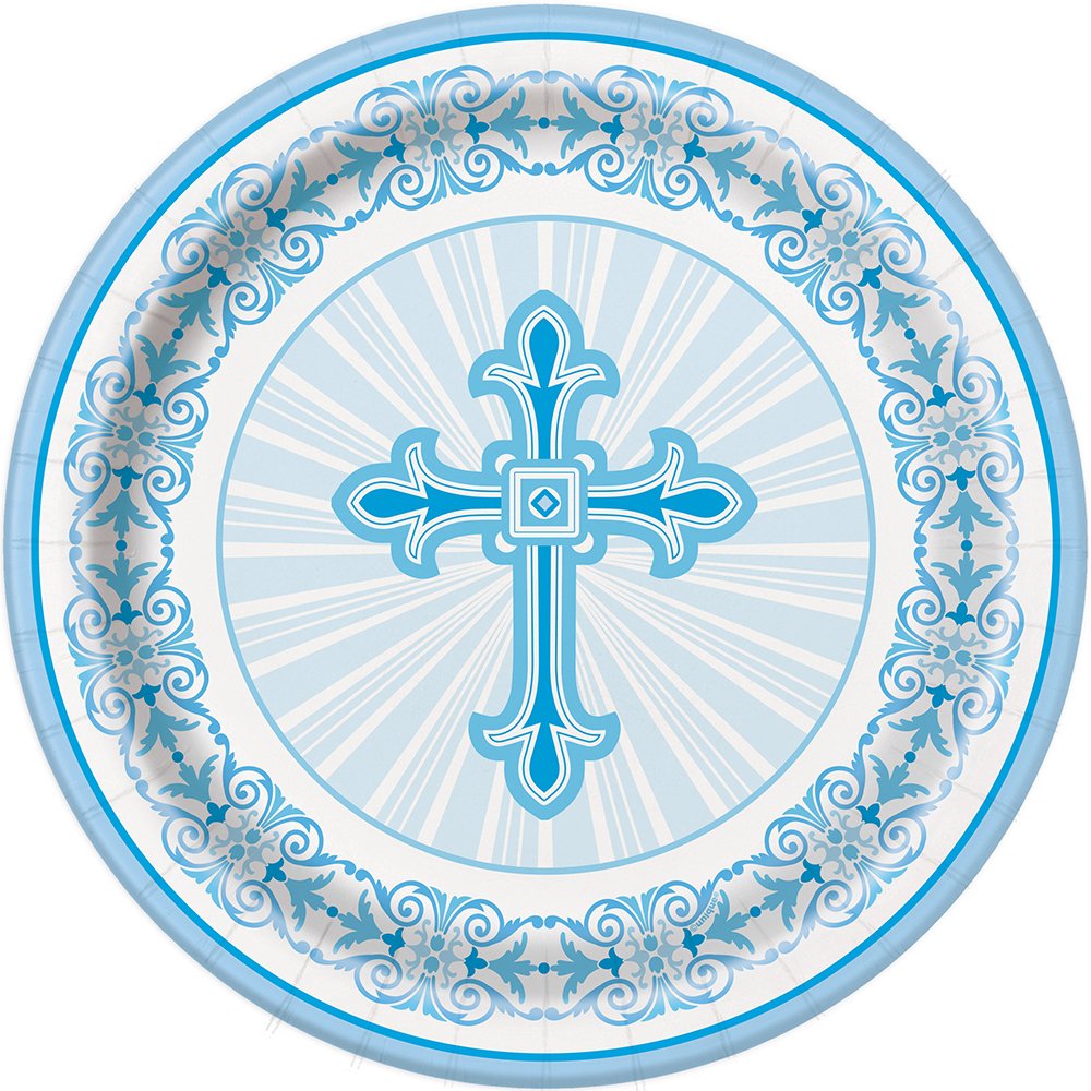 Radiant Cross Blue Religious Dinner Plates Set of 8 - Elegant Communion & Easter Tableware for Church Events, Family Gatherings & Holiday Celebrations