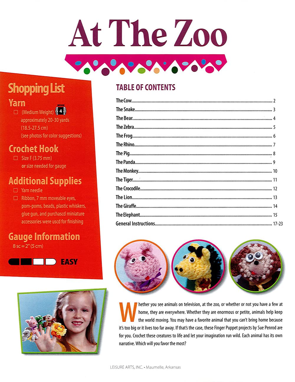 Leisure Arts Finger Puppets at The Zoo Crochet Book - DIY Animal Puppet Patterns for Kids, Beginners & Craft Lovers - Perfect for Storytelling, Playtime & Educational Activities