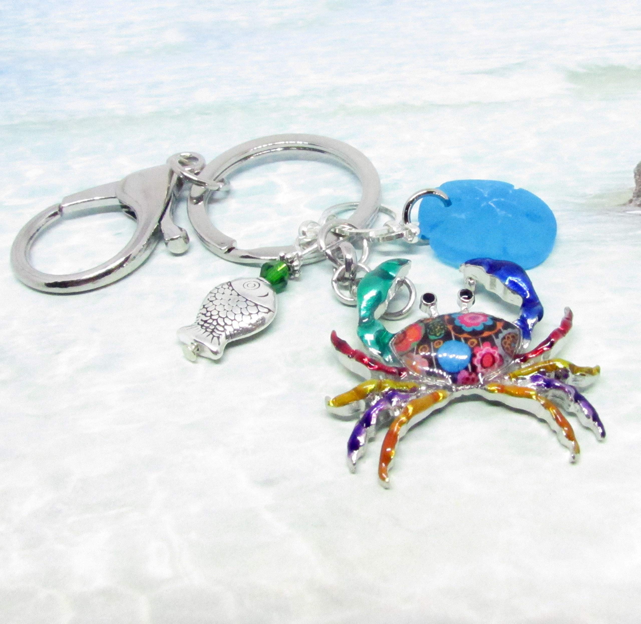 Vibrant Crab Keychain - Beach Themed Keyring with Sea Glass Charm - Tropical Gifts for Women - Perfect Mother's Day Present for Mom - Ideal for Beach Vacations, Summer Accessories & Coastal Home Decor