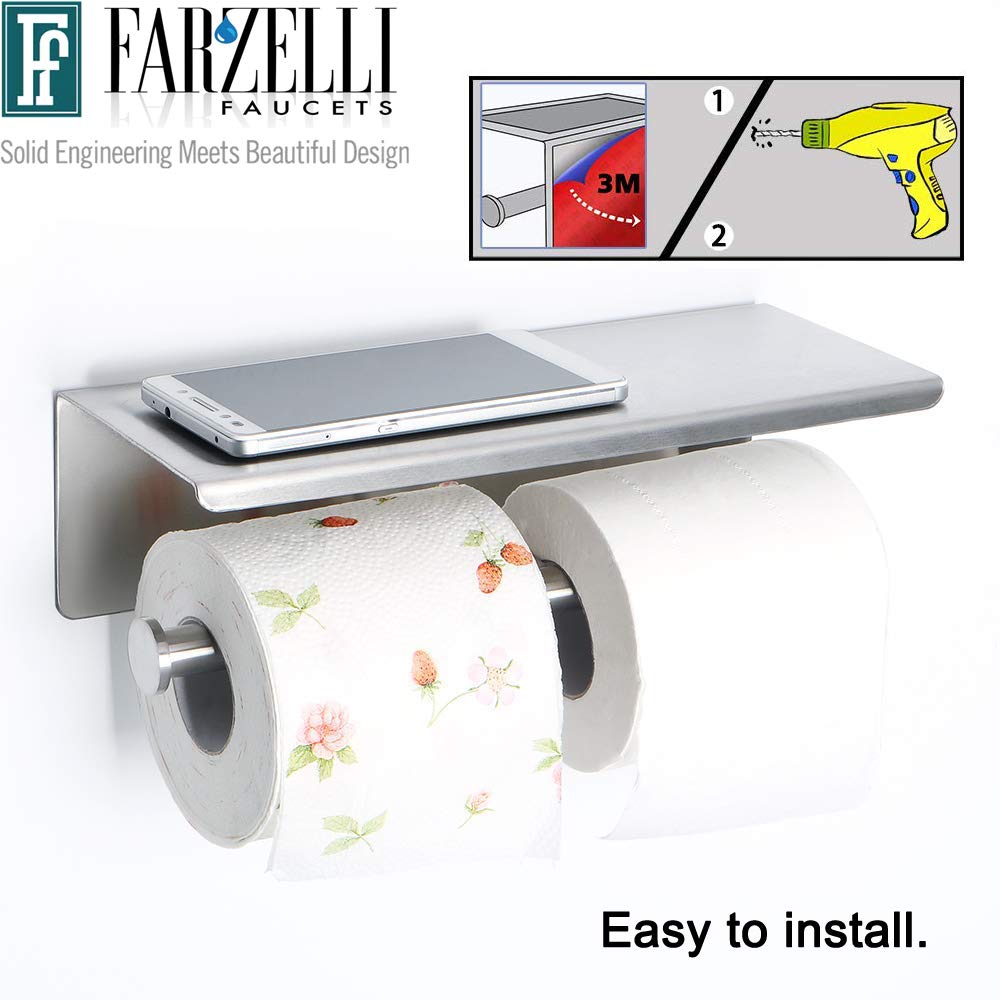 Wall Mounted Bathroom Toilet Paper Holder with Shelf - Sturdy Stainless Steel TP Roll Dispenser for Bath, Powder Room & RV - TP002