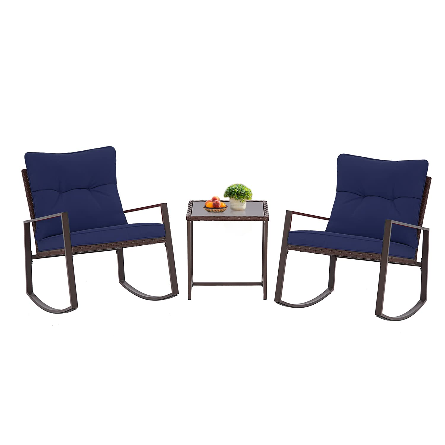 SUNCROWN 3-Piece Outdoor Rocking Chair Set - Brown Wicker Patio Bistro Chairs with Glass Coffee Table & Dark Blue Cushions - Perfect for Garden, Porch, Backyard and Poolside Relaxation