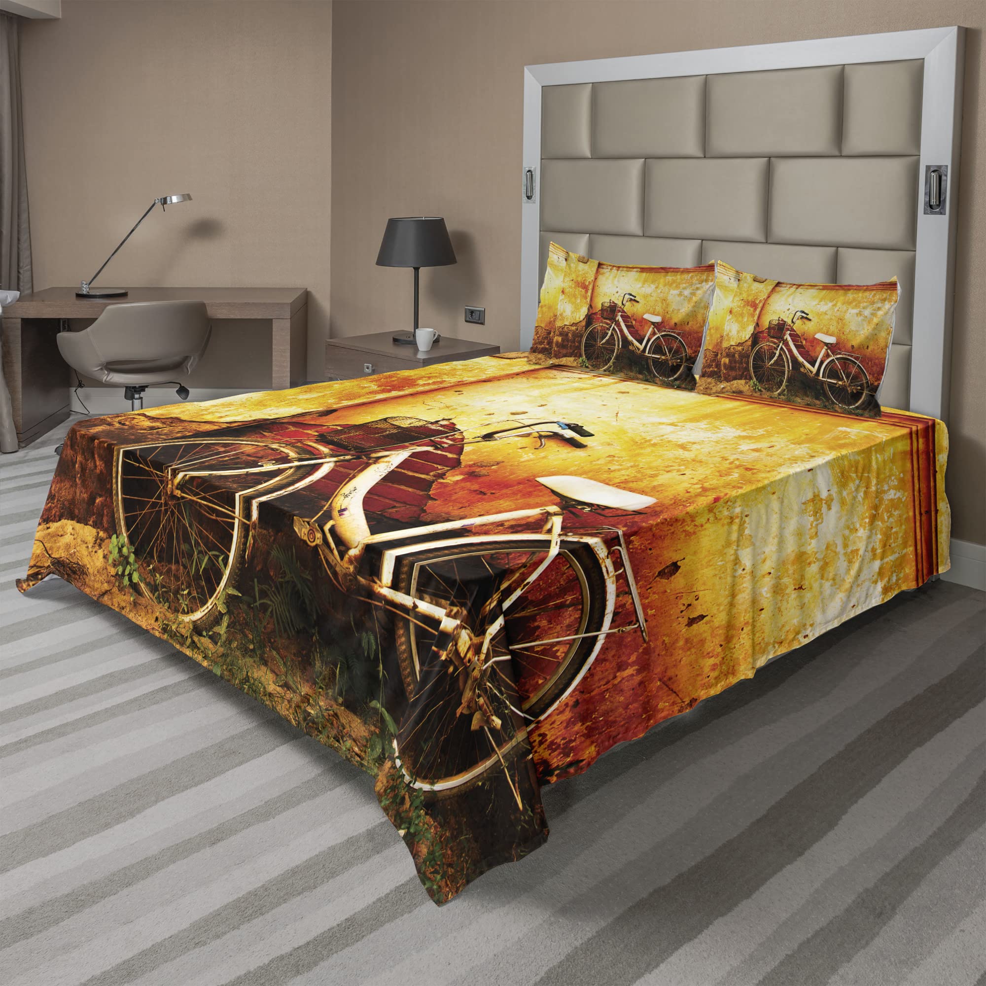 Ambesonne Vintage Bicycle Photo 4-Piece Bedding Set - King Size Sepia Fitted & Flat Sheets with Pillowcases - Rustic Brick Wall Design for Cycling Enthusiasts - Perfect for Guest Rooms, Dorm Decor, and Bike Lover Bedrooms