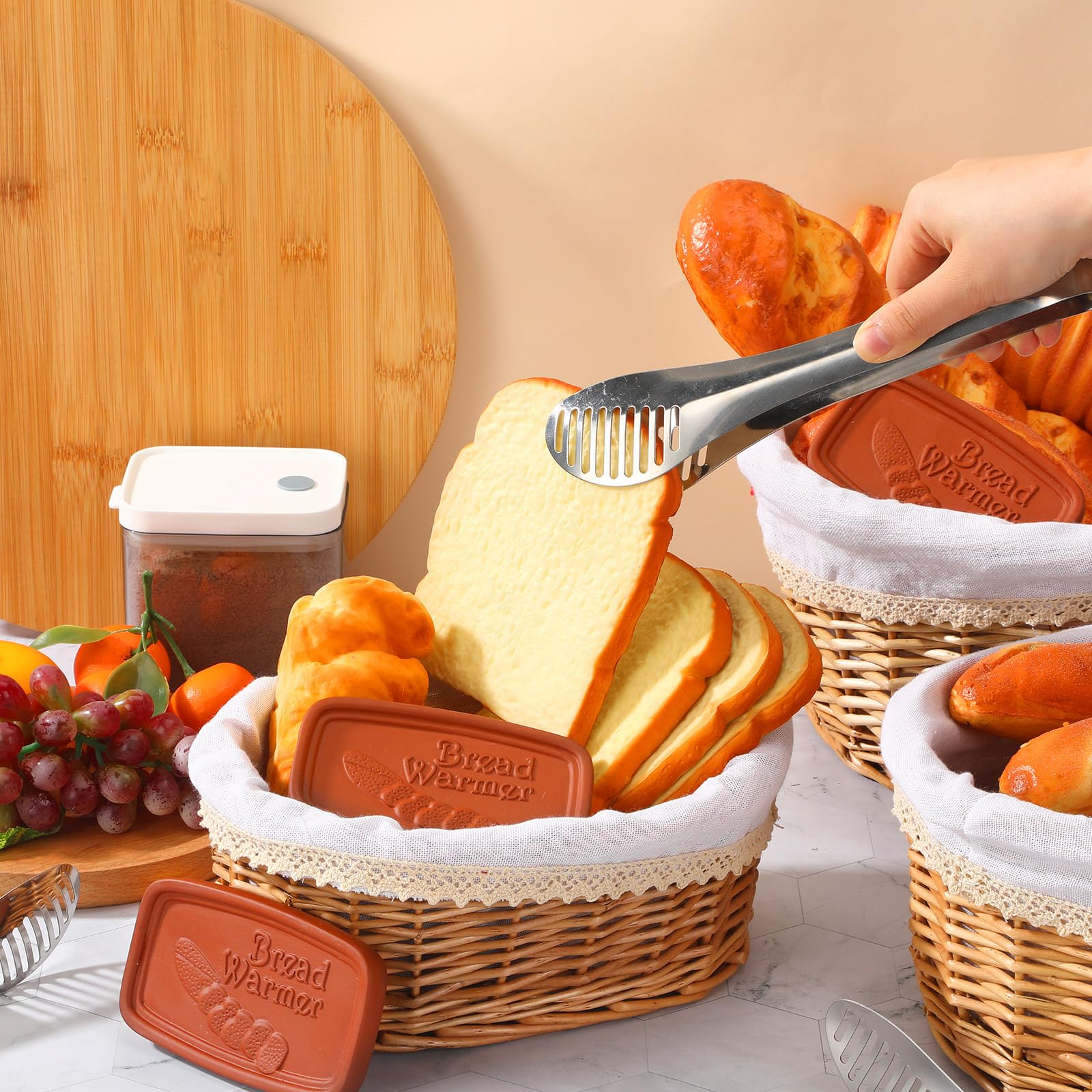 Havawish 3-Piece Handmade Wicker Bread Basket Set with Terracotta Warmer Stones - Includes Removable Liner Cover and Tongs (3 Sizes) - Perfect for Serving Warm Bread, Pastries, Fruits at Restaurants, Cafes, and Home Dining
