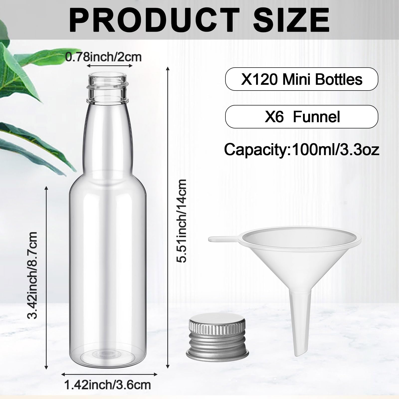 120 Pcs Mini Liquor Bottles (3.3 oz) - Airtight Empty Plastic Shot Bottles with Funnels for Alcohol, Whiskey & Spirits | Perfect for Party Favors, Weddings, DIY Cocktails & Home Bar Accessories (Silver)